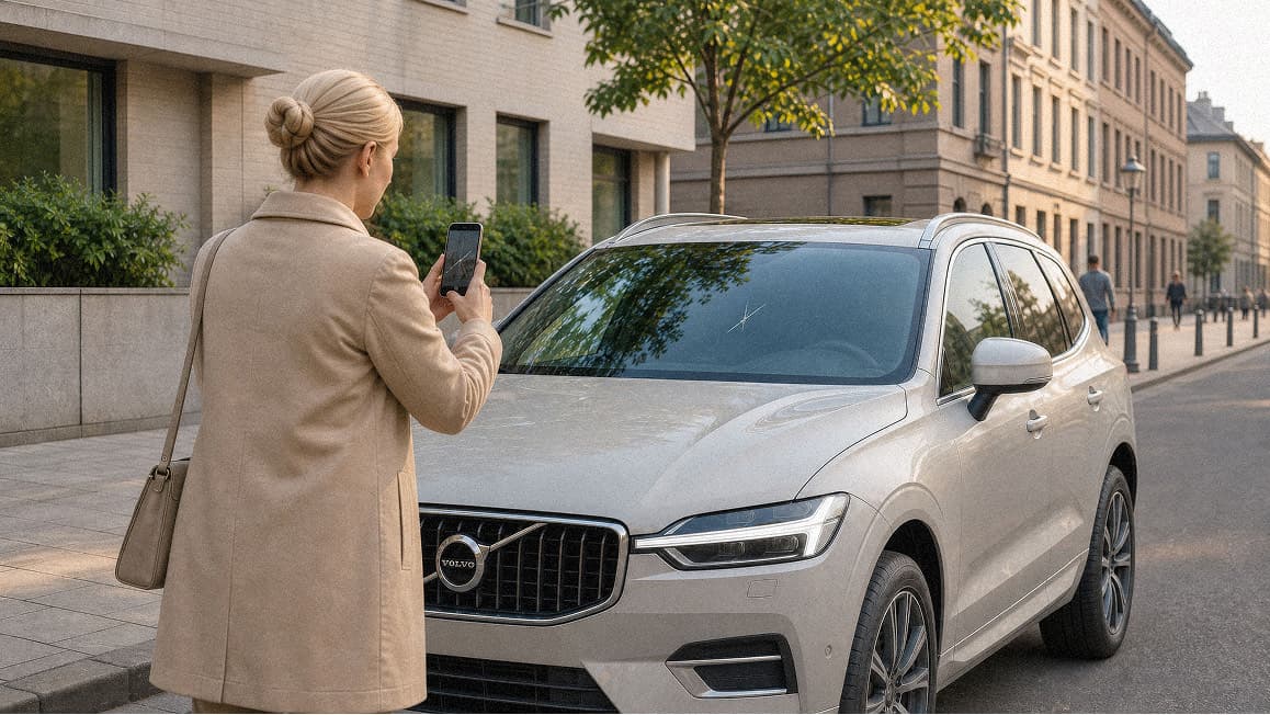 A driver photographing the cracked windscreen of her car with her phone.