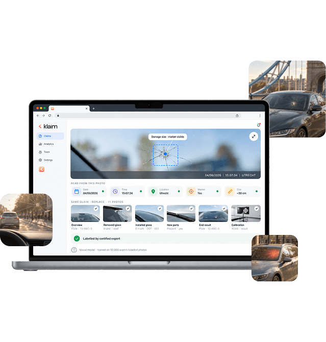The Klaim dashboard on a laptop, measuring a cracked windscreen against the other photographs from the same claim.