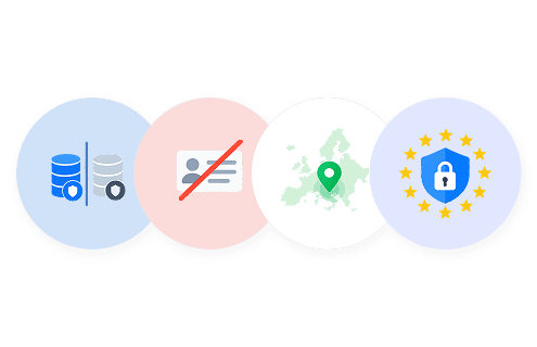 Four marks: databases isolated per insurer, no policyholder personal data, hosting inside the EU, and GDPR compliance.